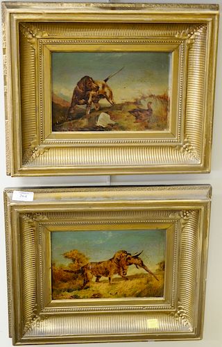 Pair of oil on board sporting paintings, dog with pheasant, marked on back of board. 6 1/4" x 9 1/4" Provenance: From an estate in L...
