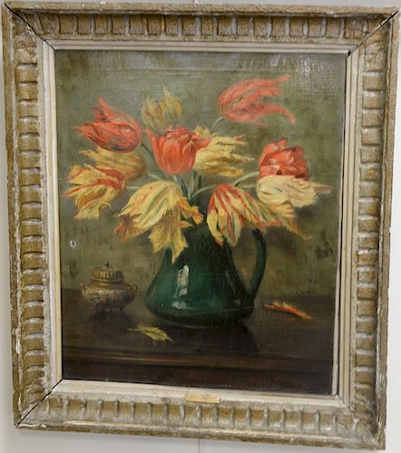 Albert Baure (1867-1930) oil on canvas, still life of flowers in a pitcher on a table, signed lower right A. Baure. 22" x 18" Proven...