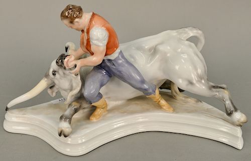 Herend porcelain "Toldi and the Bull" figurine, marked Herend 5474, ht. 8 1/2 in., lg. 16 1/2 in.