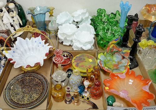 Six tray lots of art glass to include Victorian flower basket, Venetian glass, vases, covered box, Murano fish bowl, set of six gree...