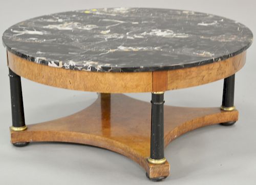 Round mahogany marble top coffee table. ht. 17 in., dia. 38 in.