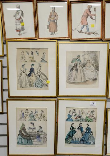 Group of nineteen framed lithographs and prints to include costumes Anglais, three Ladies Gazette of Fashion, La Mode Illustree, set...