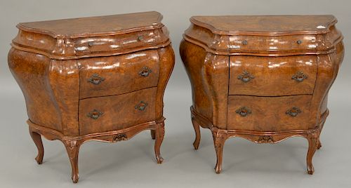 Pair of burlwood bombay commodes. ht. 32 in., top: 15 1/2" x 31" Provenance: From an estate in Lloyd Harbor, Long Island, New York