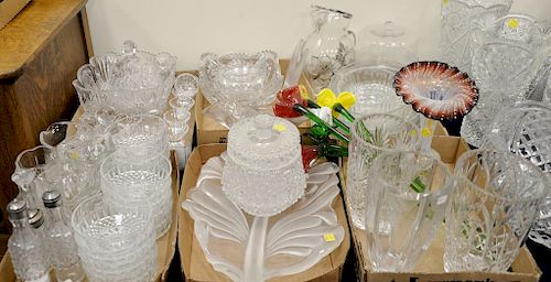 Six tray lots of crystal, cut glass, and pressed glass including glass flowers, art glass tulip vase, etc. Provenance: Estate of Stephen M. Serlin of 