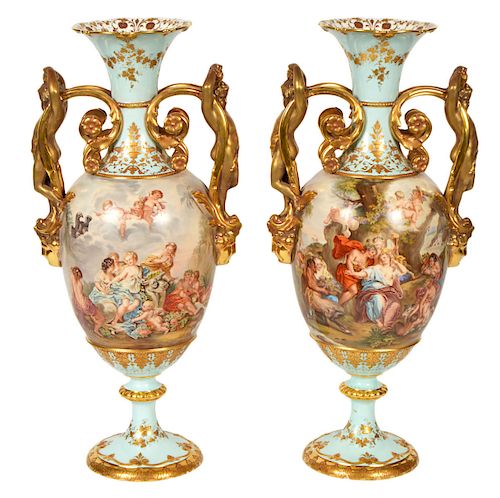 LARGE Pair Dresden Ambrosius Lamb Porcelain Urns