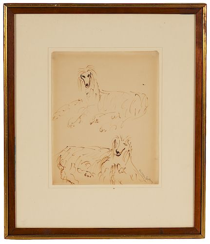 Milton Avery Ink on Paper 'Afghan Dogs'