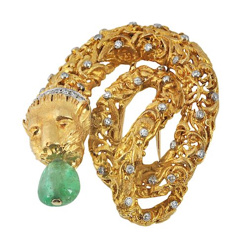 Lalaounis 18Kt. Gold, Diamond & Emerald Brooch