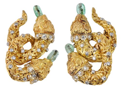 Lalaounis 18Kt., Diamond & Emerald Earrings
