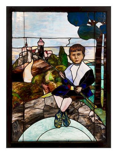 An American Stained and Leaded Glass Pictorial Window Height 59 1/4 x width 43 1/4 inches.