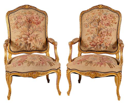 Pair French Louis XV Style Gilt Arm Chairs