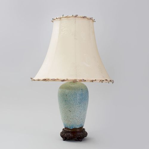 Chinese Pale Blue Speckled Glazed Porcelain Baluster-Shaped Lamp on Stand