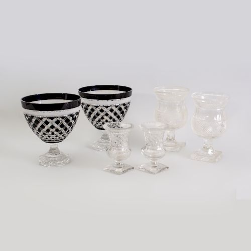 Pair of Hungarian Black Overlay Glass Urns and Two Pairs of Cut-Glass Urns