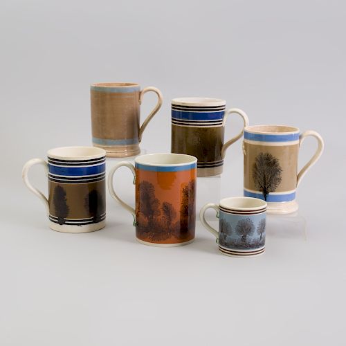 Group of Six English Mochaware Mugs