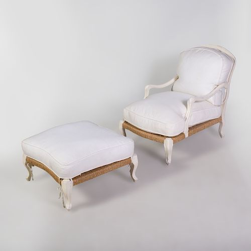 Swedish Rococo Style Provincial White Painted and Rush Chair and Ottoman 