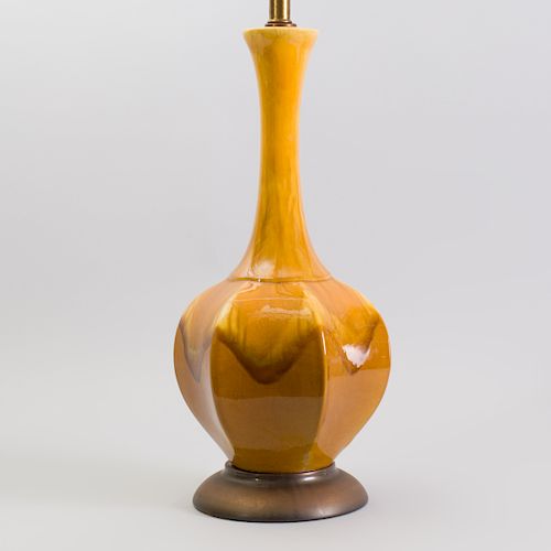 Modern Ochre Drip Glazed Pottery Hexagonal Pear-Form Table Lamp on Metal Base