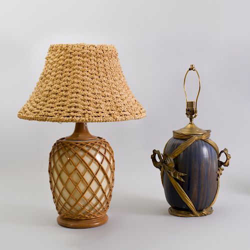 Decorative Gilt-Metal-Mounted Drip Glazed Pottery Lamp and a Wicker Bound Glass Lamp