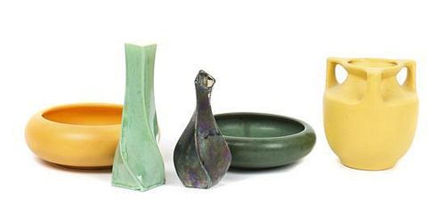 A Group of Five Art Pottery Articles, Height of tallest 6 1/2 inches.