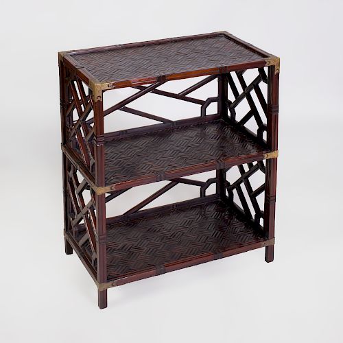 Chinese Brass-Mounted Stained Hardwood Fretwork Bar