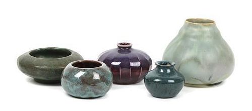 A Group of Five Art Pottery Vases, Height of tallest 4 1/2 inches.
