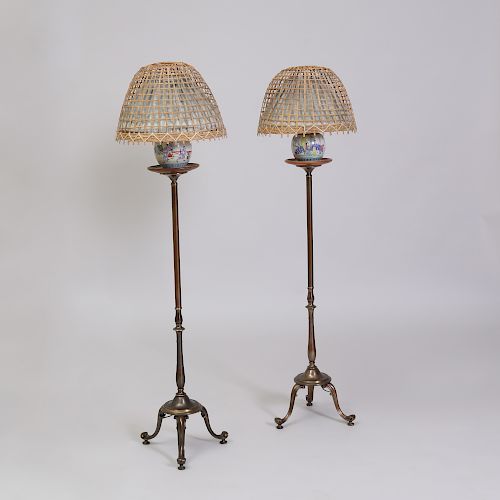 Pair of Chinese Export Porcelain and Brass Floor Lamps