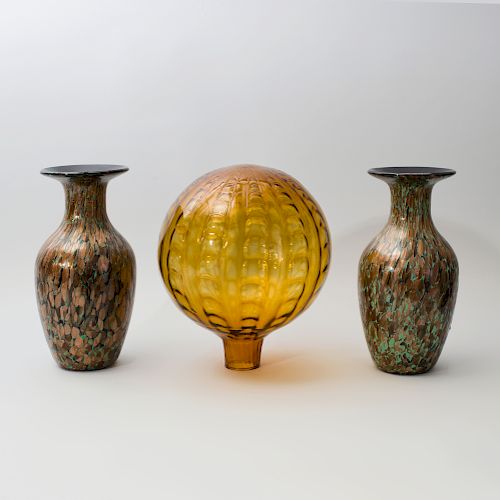 Pair of Italian Inlaid Copper and Green Glass Baluster Vases