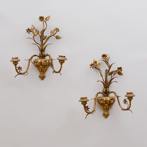 Pair of Continental Giltwood and Gilt-Metal Two-Light Sconces