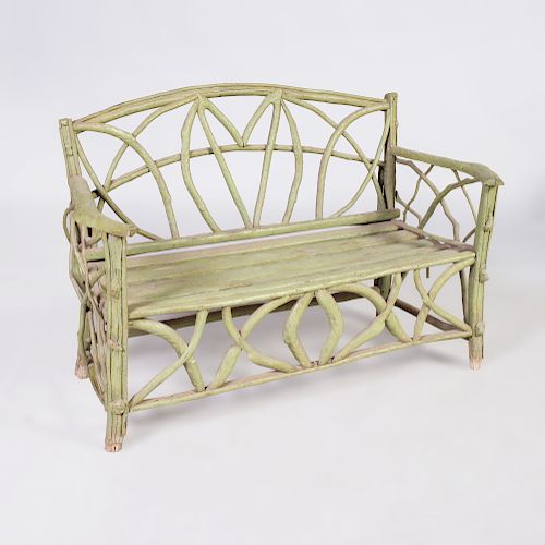 Green Painted Wood Twig-Form Garden Bench
