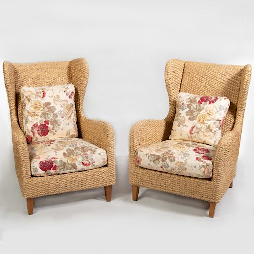 Pair of Woven Reed and Chintz Upholstered Wing Chairs