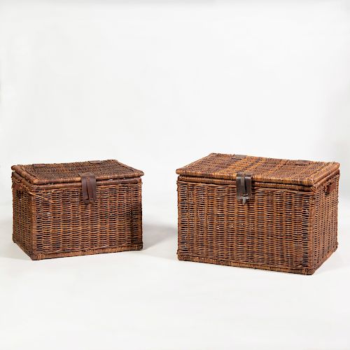 Two Leather-Mounted Wicker Picnic Baskets