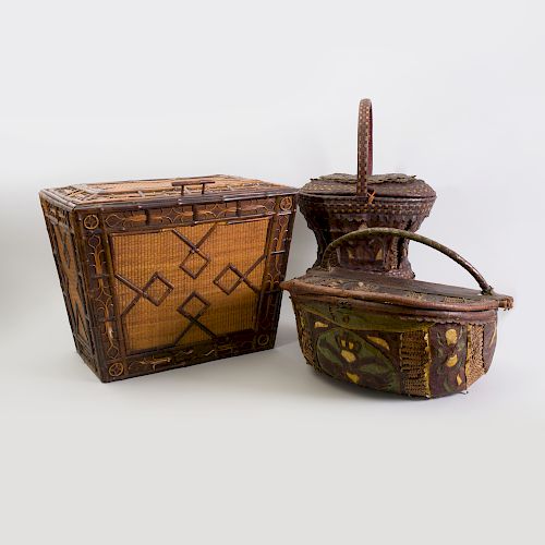 Two Austrian Leather-Mounted Baskets and a Wicker and Reed-Mounted Casket