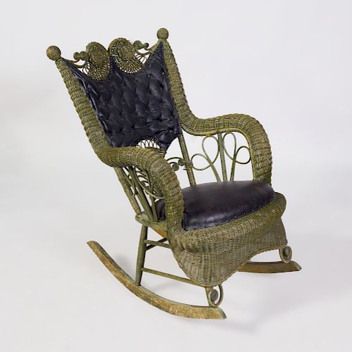 Green Painted Wicker and Leather Rocking Chair