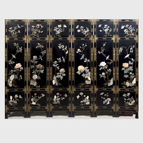 Chinese Black Lacquer, Parcel-Gilt and Hardstone Six-Panel Screen