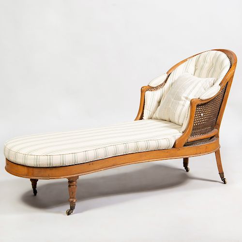 Edwardian Fruitwood and Caned Chaise Lounge