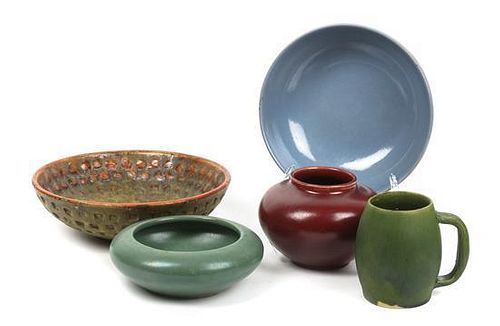 A Collection of Five Art Pottery Articles, Diameter of largest 9 1/2 inches.