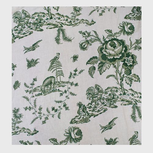 Three Sets of French Green and Cream Linen Toile Curtains, Le Manach