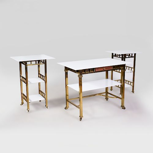 Suite of Three Modern Brass and White Glass Tables