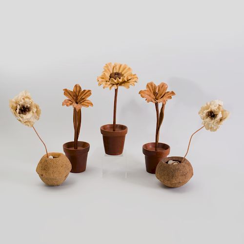 Three Wood Potted Plants and Two Sapucaia Pots with Paper Poppy Stems