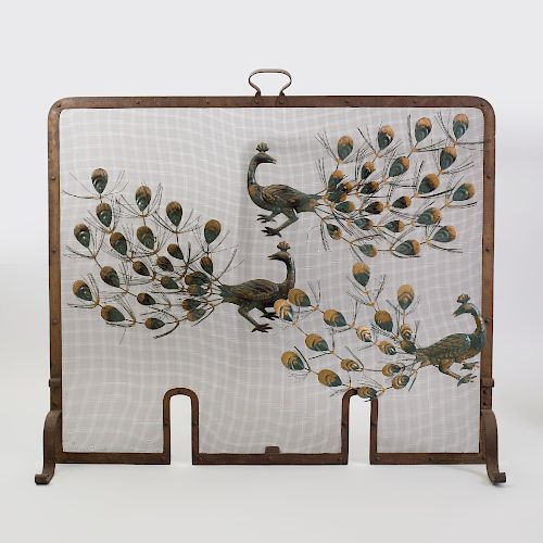 Metal Fire Screen with Applied Peacock Decoration