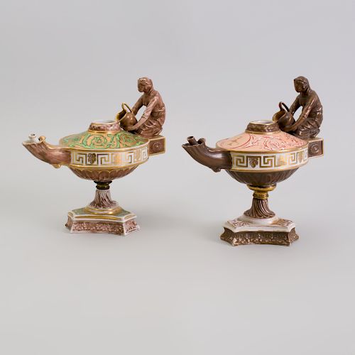 Pair of Continental Porcelain Oil Lamps, in the Empire Style