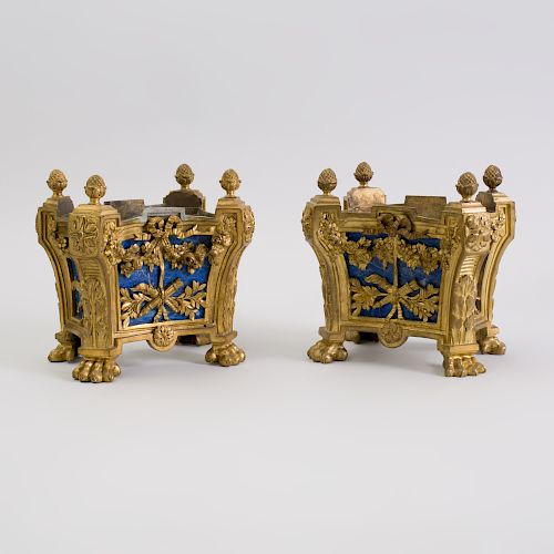 Fine Pair of Louis XVI Style Gilt-Bronze and Lapis Lazuli Jardinières 