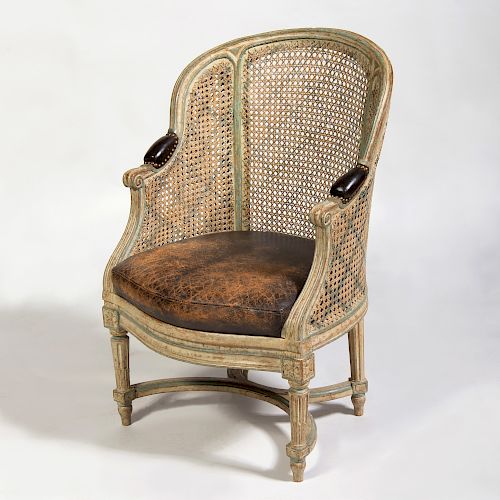 Louis XVI Cream and Blue Painted Caned Bergère, Stamped G. Boucauld