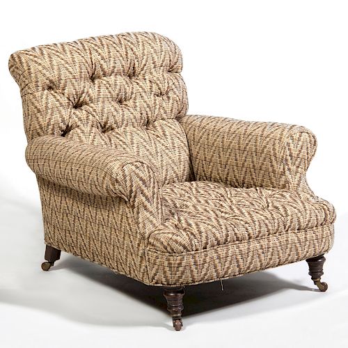 English Mahogany Tufted-Linen Upholstered Club Chair
