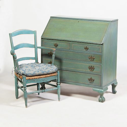 Chippendale Style Green Painted Slant-Front Desk