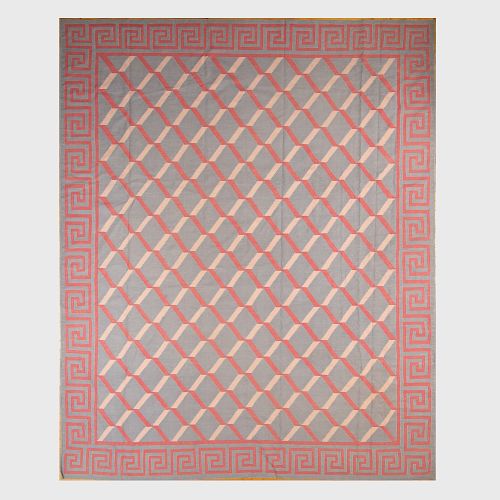 Modern Grey, Pink and Red Geometric Flatweave Carpet
