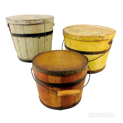 Three Painted Pine Stave-constructed Covered Pails