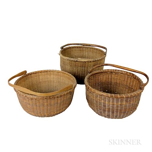Three Nantucket Deep, Round, Swing-handled Baskets