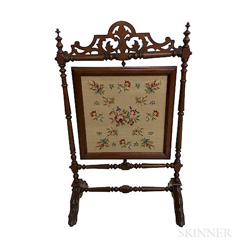 Renaissance Revival Carved Walnut Firescreen with Needlepoint Upholstery