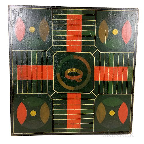 Small Polychrome Painted Wood "Home" Parcheesi Game Board