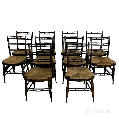 Assembled Set of Ten Turned Rush-seat Fancy Chairs