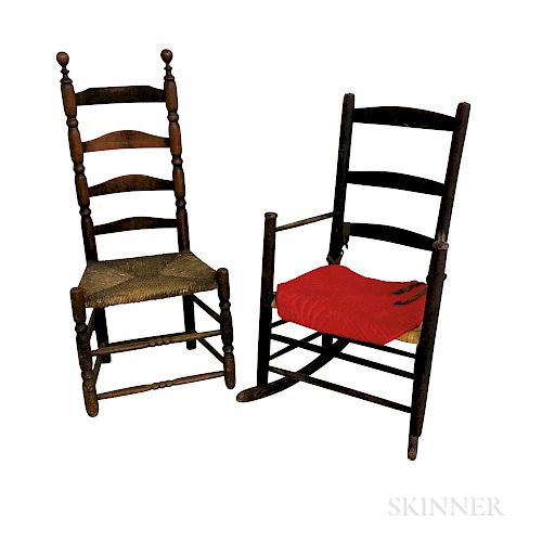 Black-painted Ladder-back Armed Rocking Chair and a Side Chair.  Estimate $200-300